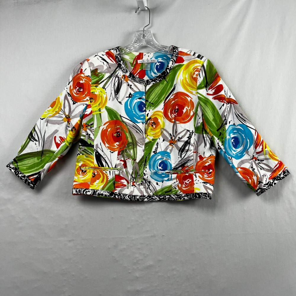 Peter Nygard Floral Linen Cotton Jacket Womens 14P Multicolor Zip Front 34026405